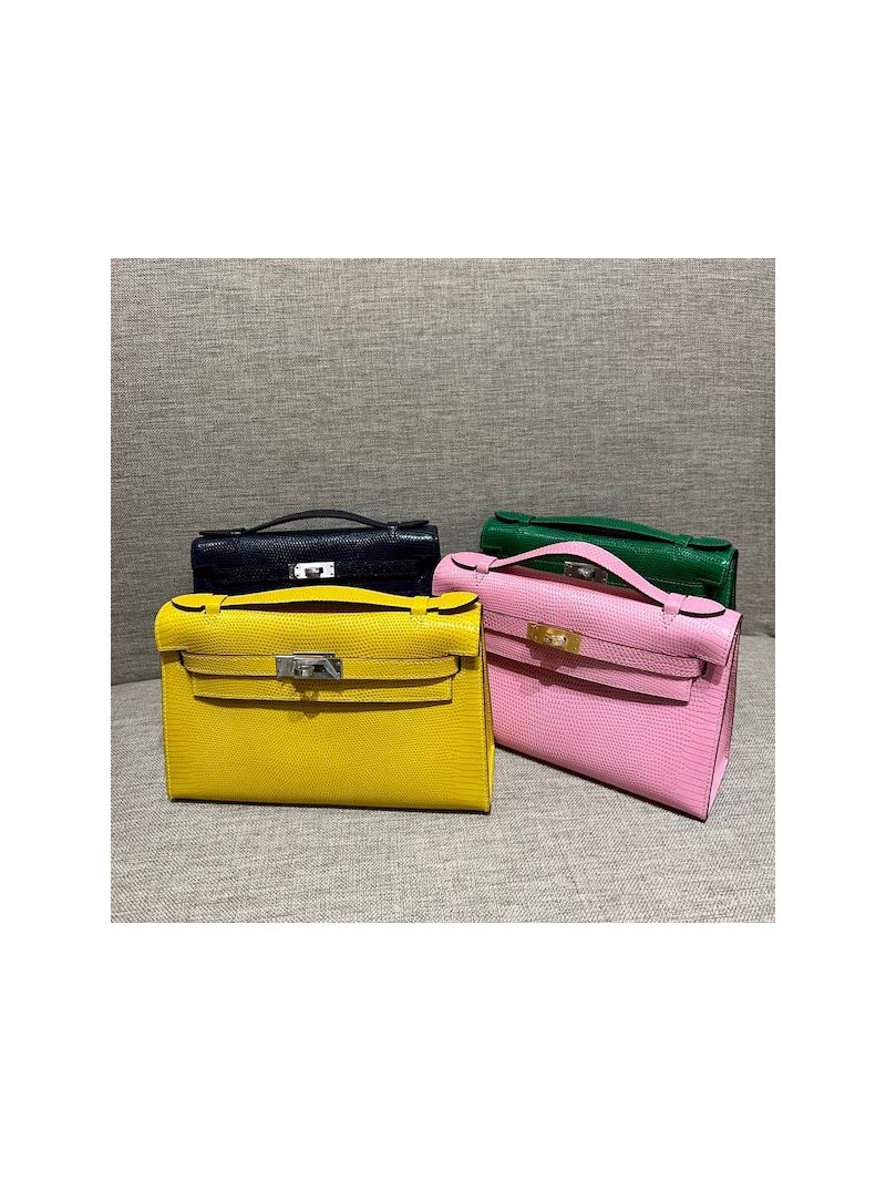 Hermes Mini Kelly Pochette Clutch Bag in Lizard Leather Jaune Amber