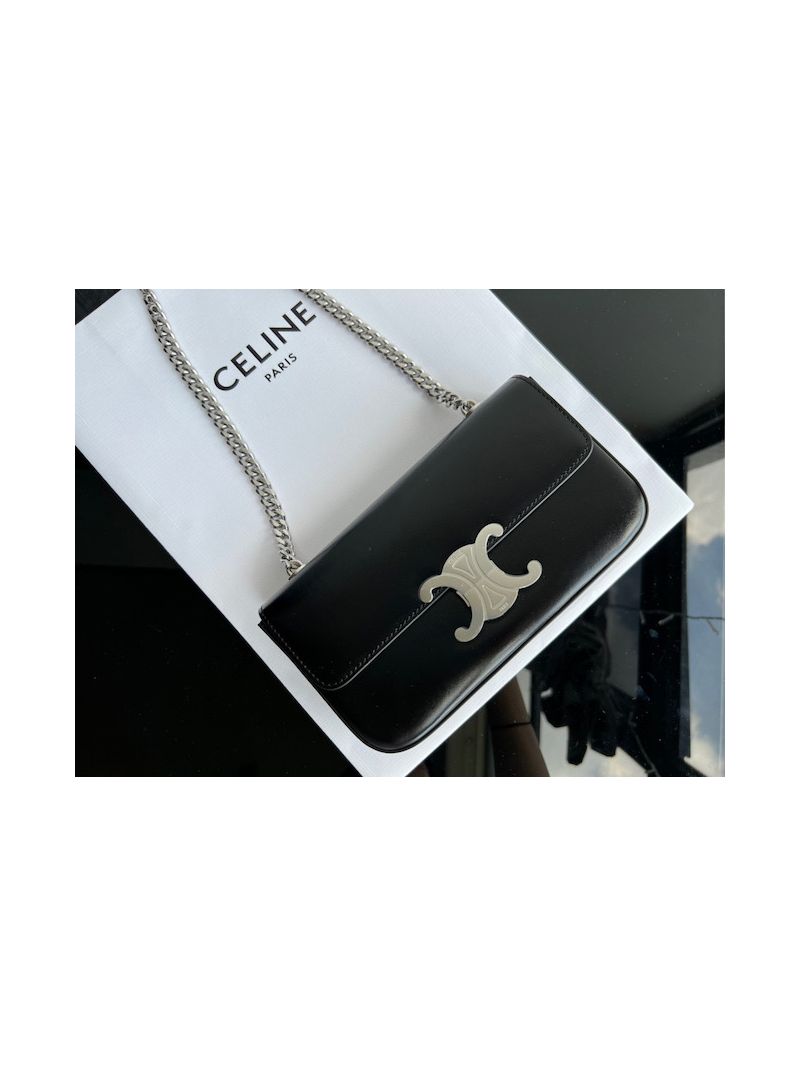 Celine Chain Shoulder Bag Triomphe In Shiny Calfskin 197993 Black with Silver Hardware