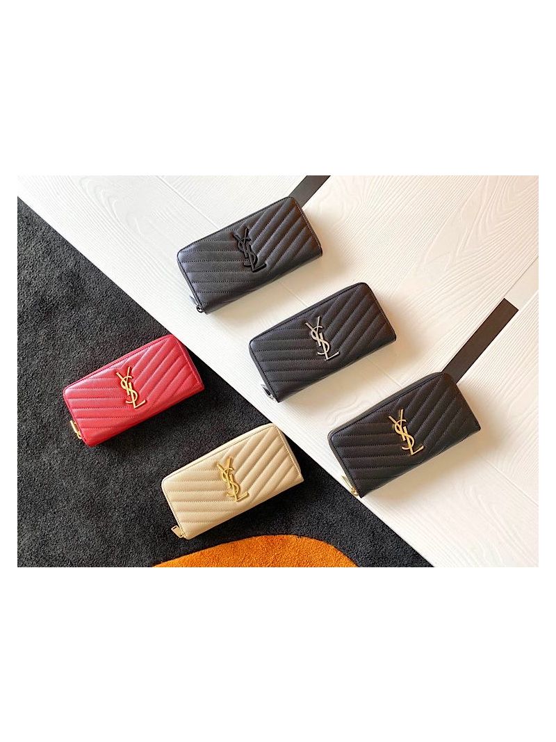 YSL Saint Laurent Monogram Zip Around Wallet In Grain De Poudre Embossed Leather 358094