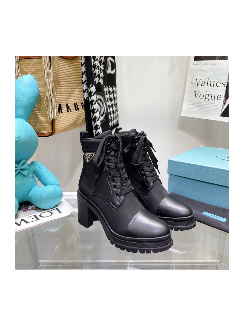 Prada Brushed Leather And Nylon Laced Booties 55 mm Block-Heel 1T708M Black
