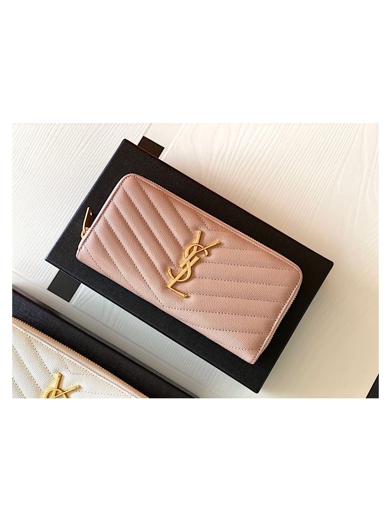 YSL Saint Laurent Monogram Zip Around Wallet In Grain De Poudre Embossed Leather 358094 Light Pink
