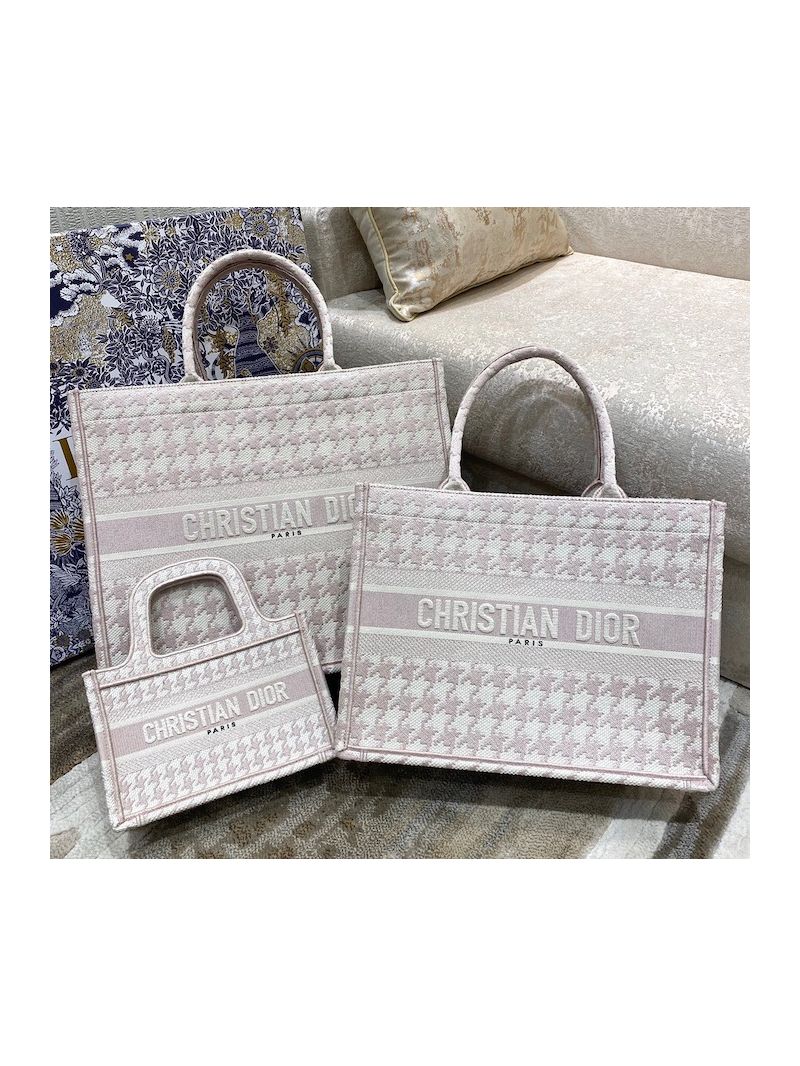 Dior Book Tote bag in Rose Des Vents Houndstooth Embroidery