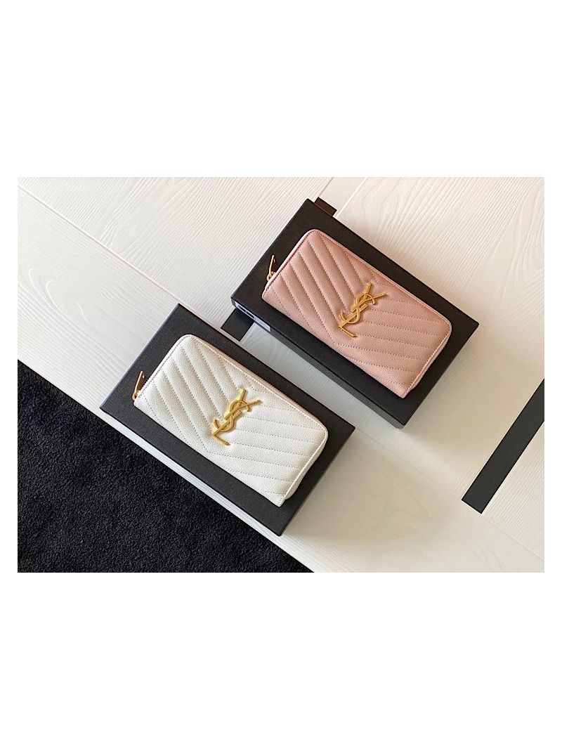 YSL Saint Laurent Monogram Zip Around Wallet In Grain De Poudre Embossed Leather 358094 White