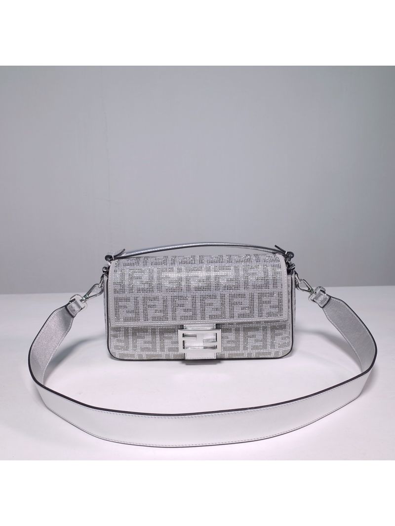 Fendi Limited Edition Baguette Silver leather bag with crystal FF motif 8BR600A