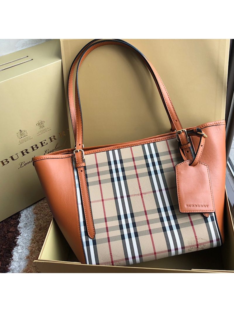 Burberry Small Canter in Horseferry Check Tote Bag with Leather Wings Brown