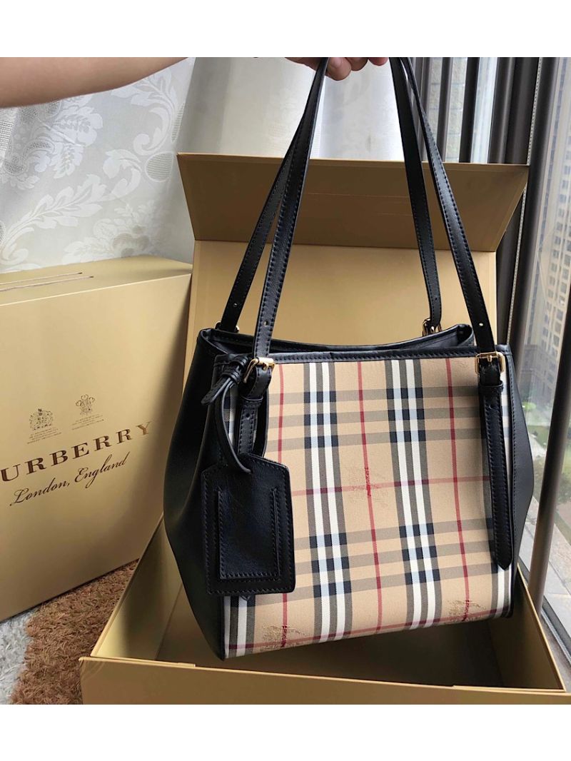 Burberry Small Canter in Horseferry Check Tote Bag with Leather Wings Black
