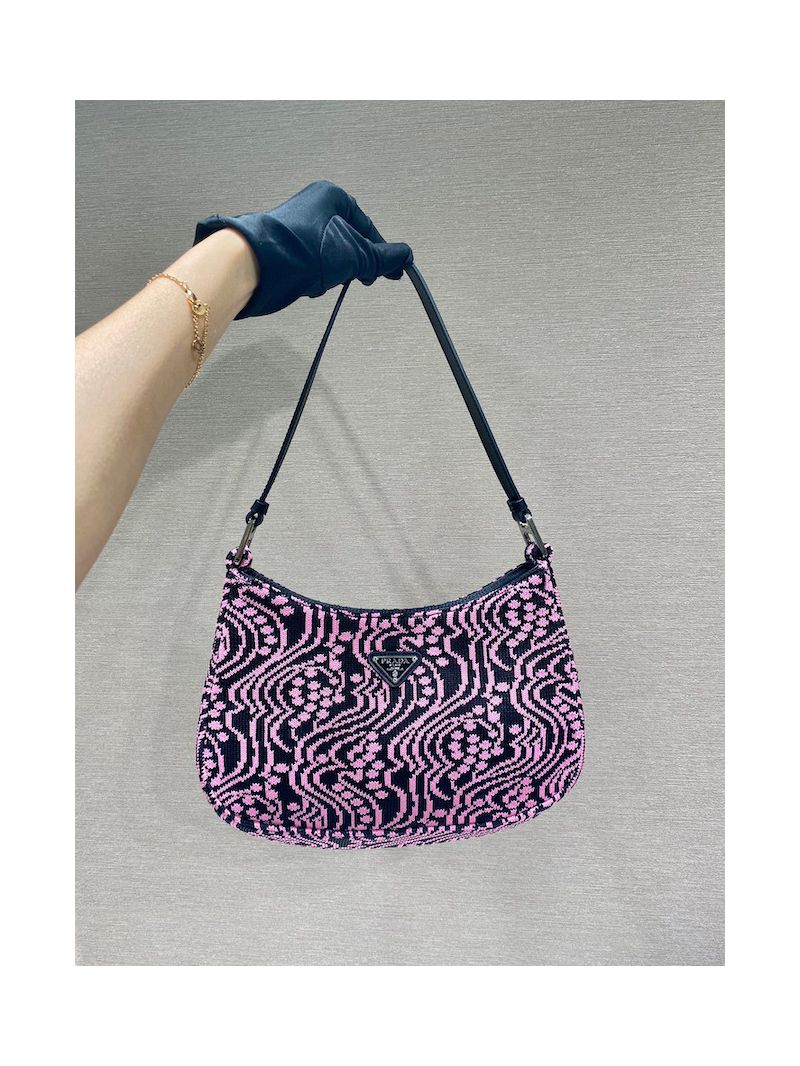 Prada Cleo Jacquard Knit And Leather Bag 1BC499 Black Pink