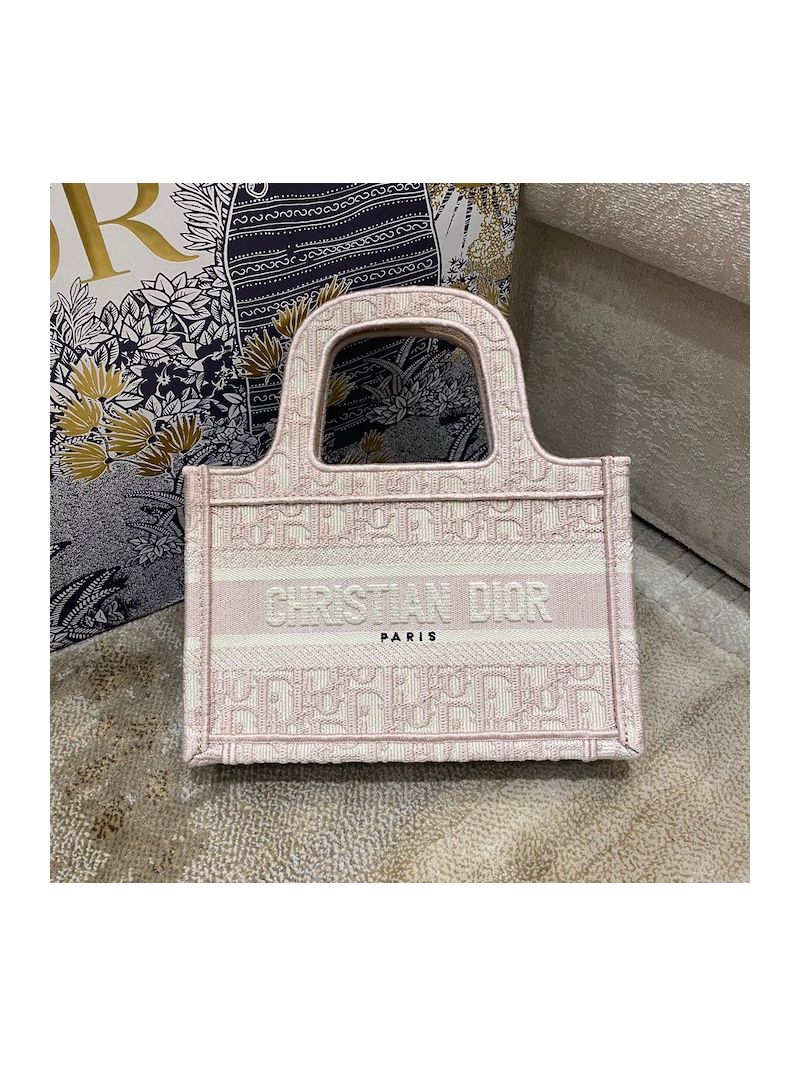 Dior Mini Book Tote S5475 Rose Des Vents Oblique Embroidery