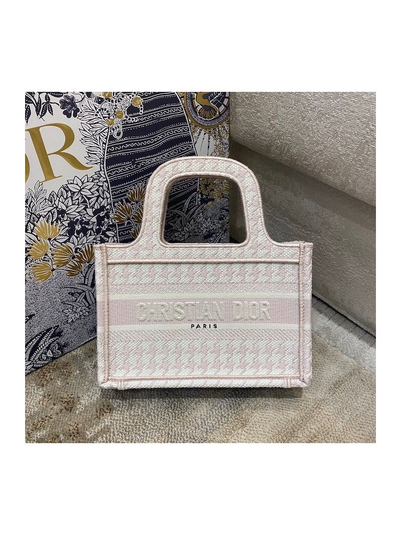 Dior Mini Book Tote S5475 Rose Des Vents Houndstooth Embroidery