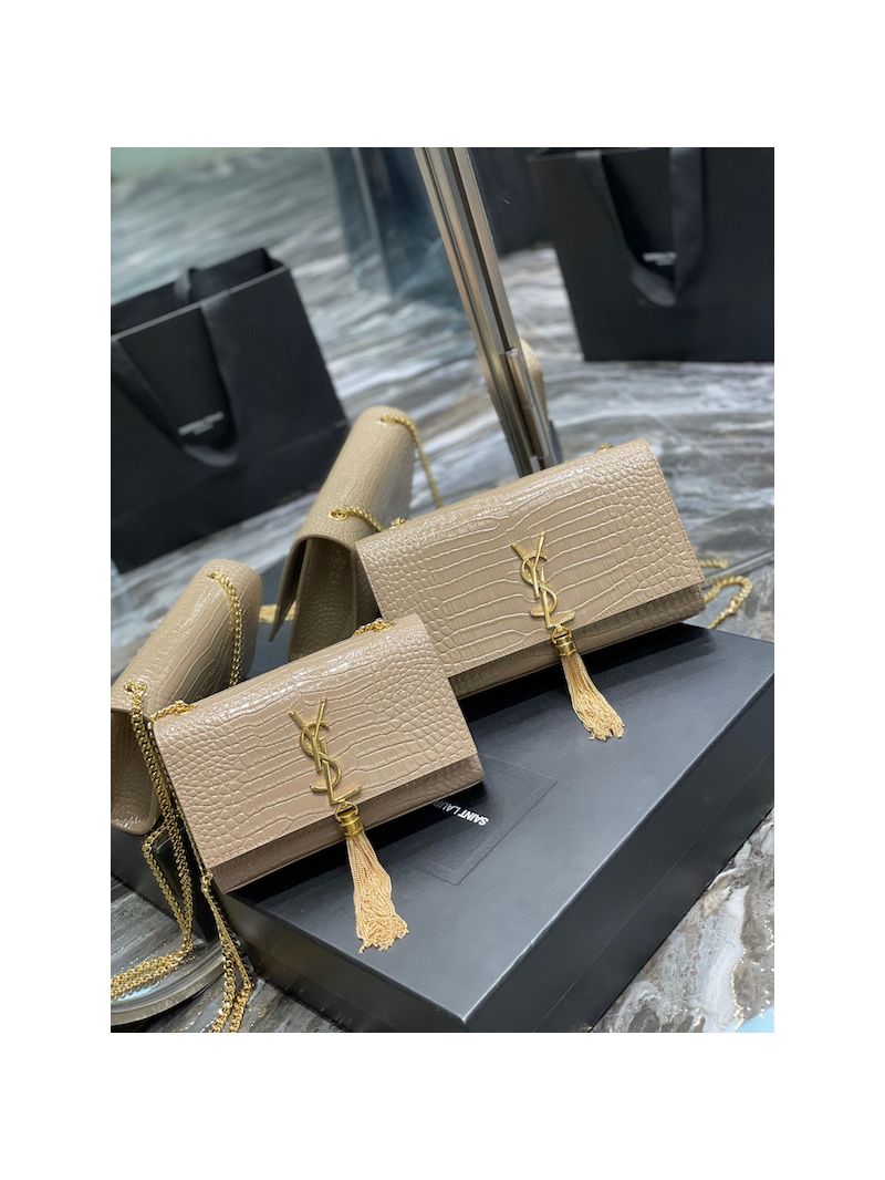 YSL Classic Medium Kate Monogram Saint Laurent Tassel Satchel In Beige Crocodile Embossed Shiny Leather 354119