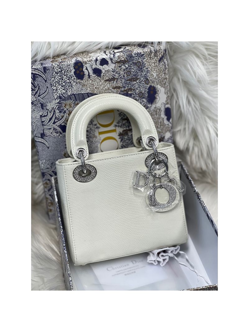 Dior Lizard Leather Mini Lady Dior Bag with Crystals in White