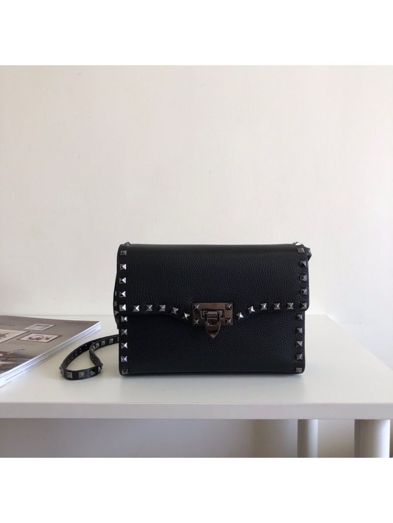 Valentino Small Rockstud Grainy Calfskin Crossbody Bag 0181B Black Chrome