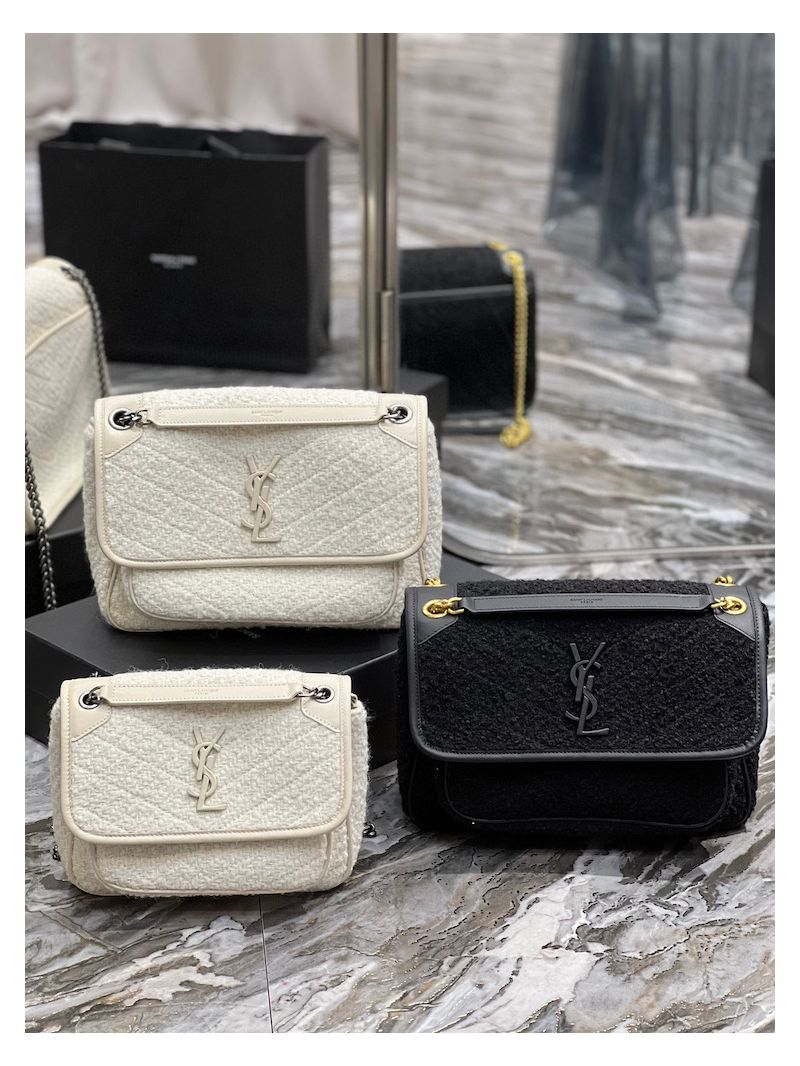 YSL Saint Laurent Niki Medium In Bouclé Tweed And Smooth Leather 633158 Black