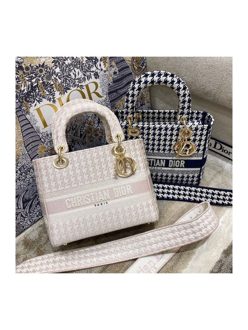 Dior Medium Lady D-Lite Bag Rose Des Vents Houndstooth Embroidery M0565