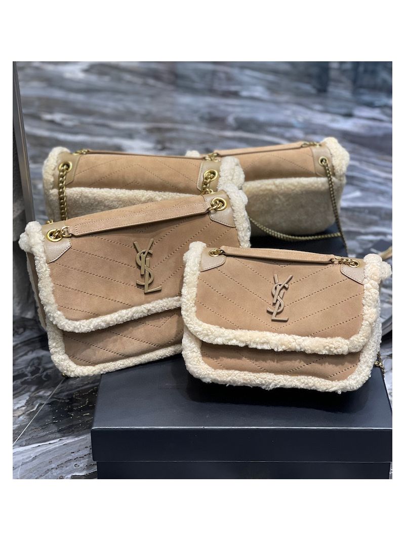 YSL Saint Laurent Niki in Nubuck and Natural Shearling Wool 498894