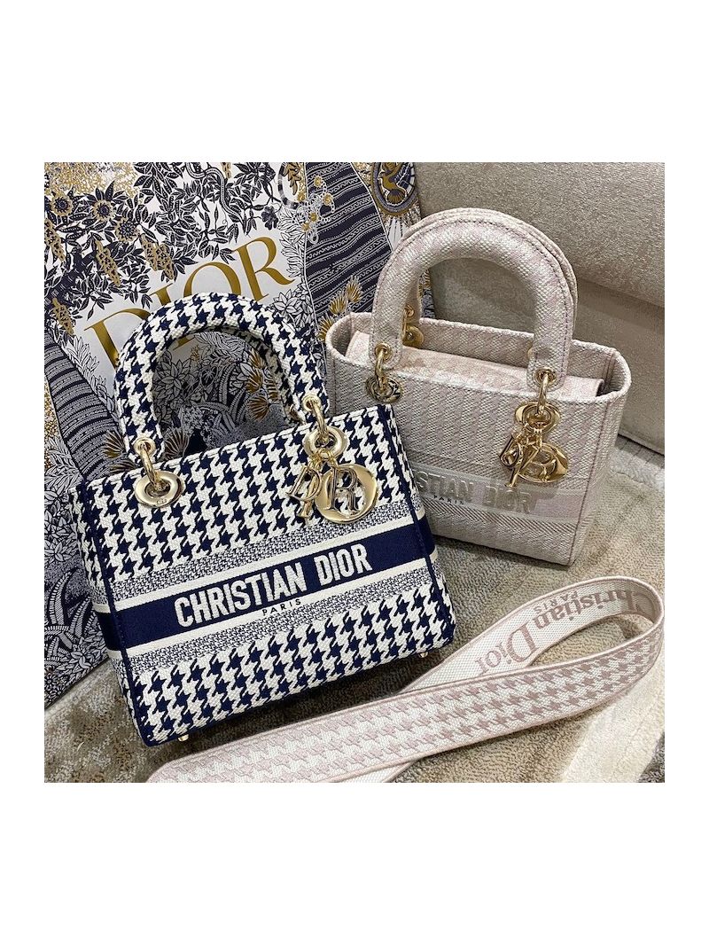 Dior Medium Lady D-Lite Bag Blue White Houndstooth Embroidery M0565