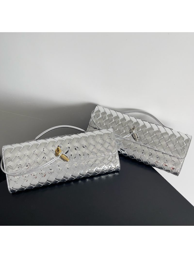 Bottega Veneta BV Long Clutch Andiamo With Handle Intrecciato Mirror Laminated Leather 741511 Silver
