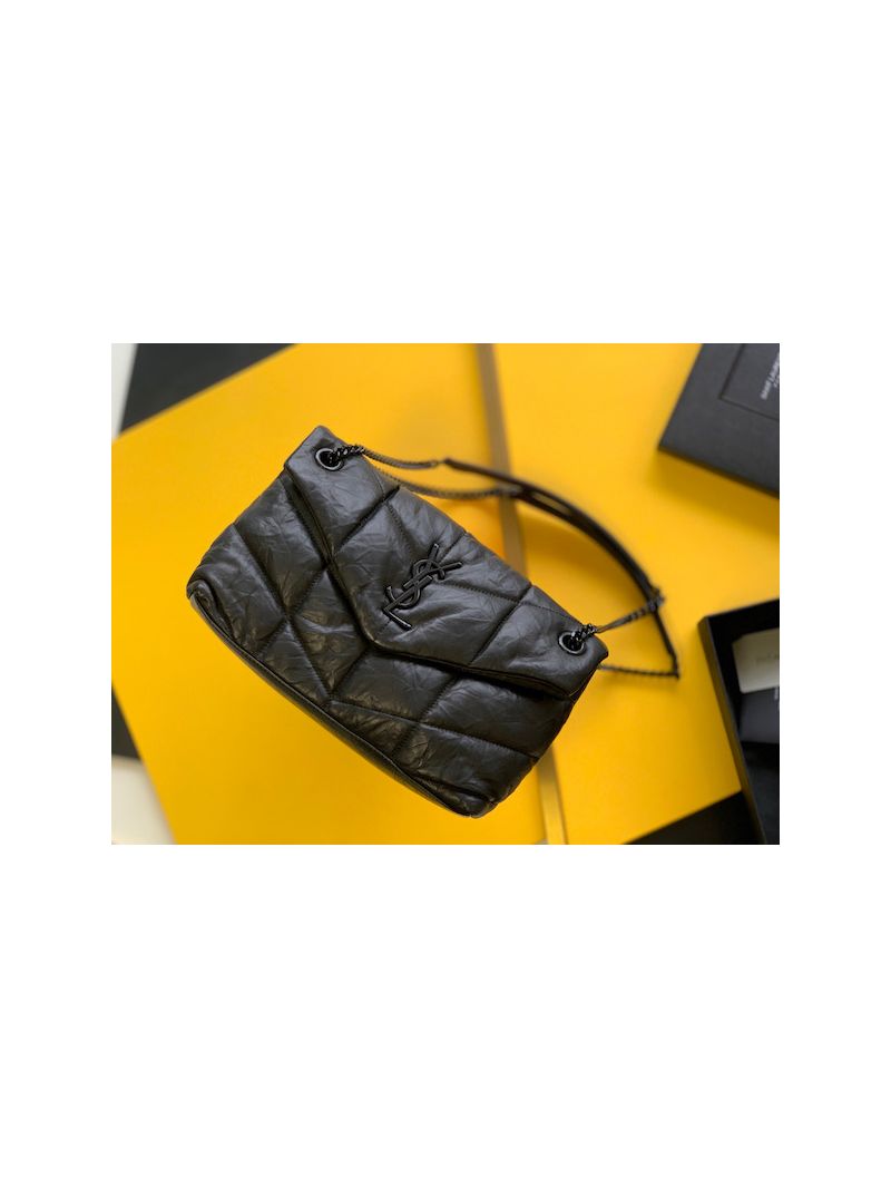 Saint Laurent YSL Puffer Small Bag In Quilted Wrinkled Matte Leather 577476 Black