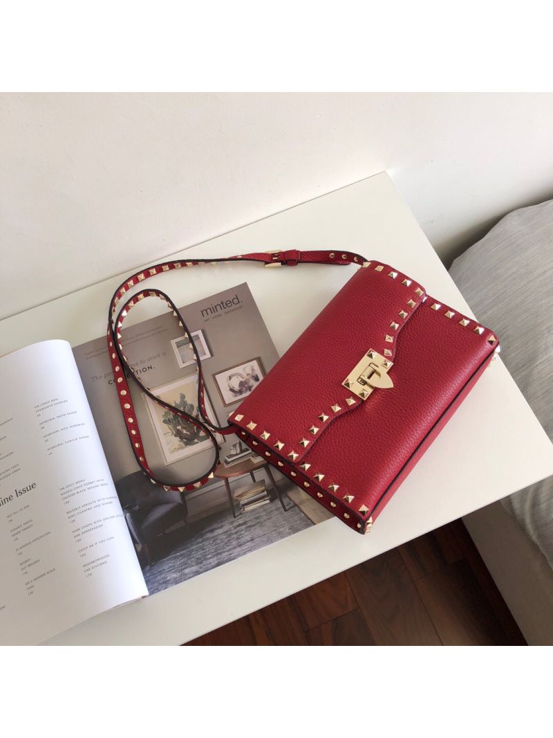 Valentino Small Rockstud Grainy Calfskin Crossbody Bag 0181B Red