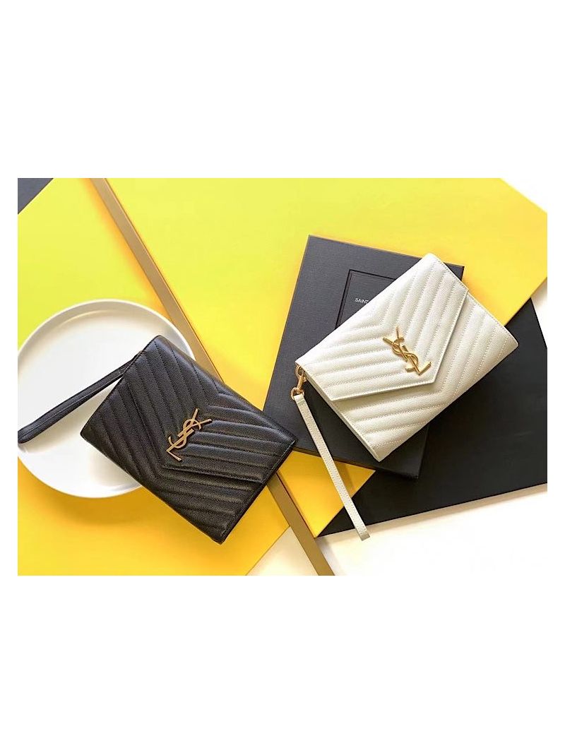 YSL Saint Laurent Monogram Clutch in Quilted Grain De Poudre Embossed Leather 617662 Black