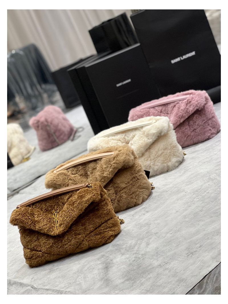 YSL Saint Laurent Puffer Small Medium Bag In Merino Shearling And Lambskin 577476 White