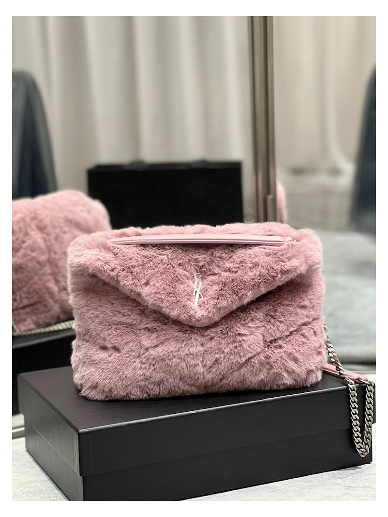 YSL Saint Laurent Puffer Small Medium Bag In Merino Shearling And Lambskin 577476 Lilac