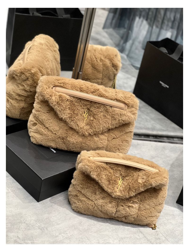 YSL Saint Laurent Puffer Small Medium Bag In Merino Shearling And Lambskin 577476 Beige