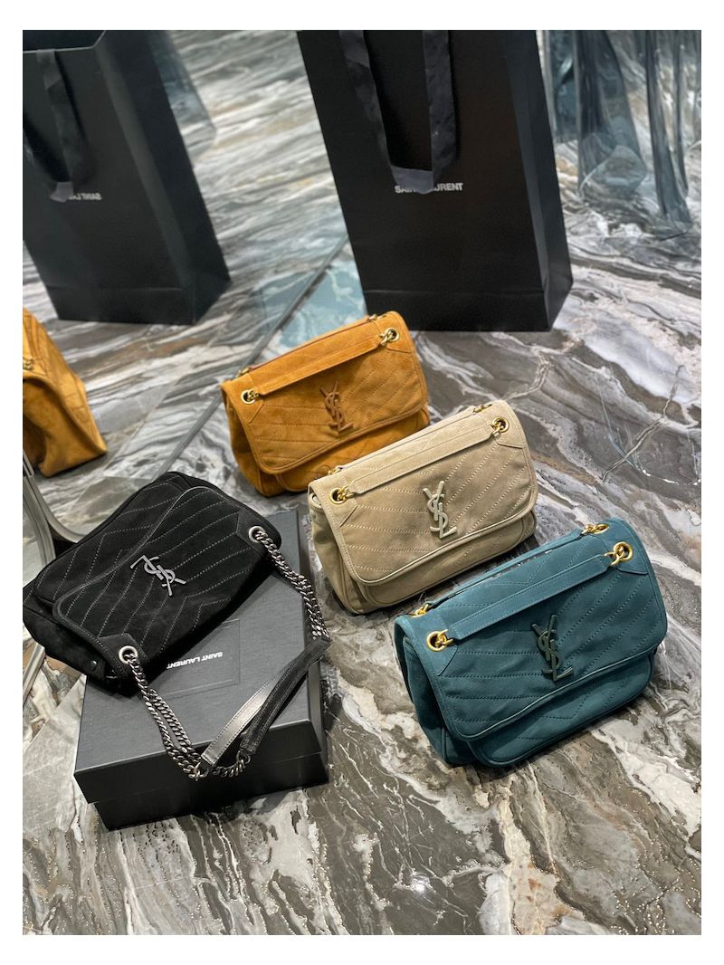 YSL Saint Laurent Niki Medium In Quilted Suede And Smooth Leather 6331581 Dark Green