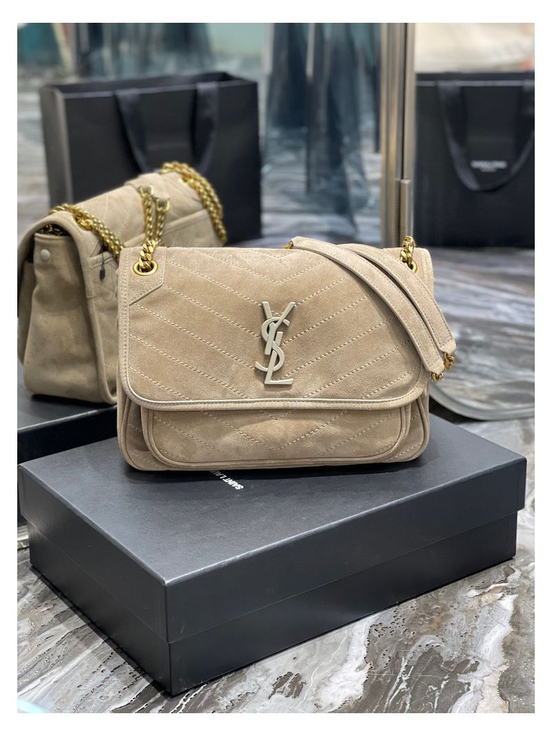 YSL Saint Laurent Niki Medium In Quilted Suede And Smooth Leather 6331581 Beige
