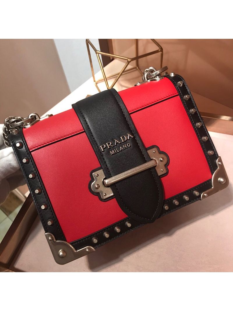 Prada Cahier Studded Leather Bag 1BD045 Red