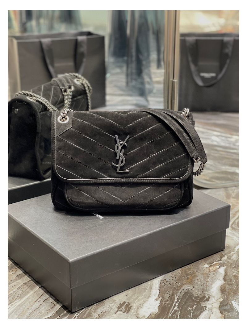 YSL Saint Laurent Niki Medium In Quilted Suede And Smooth Leather 6331581 Black