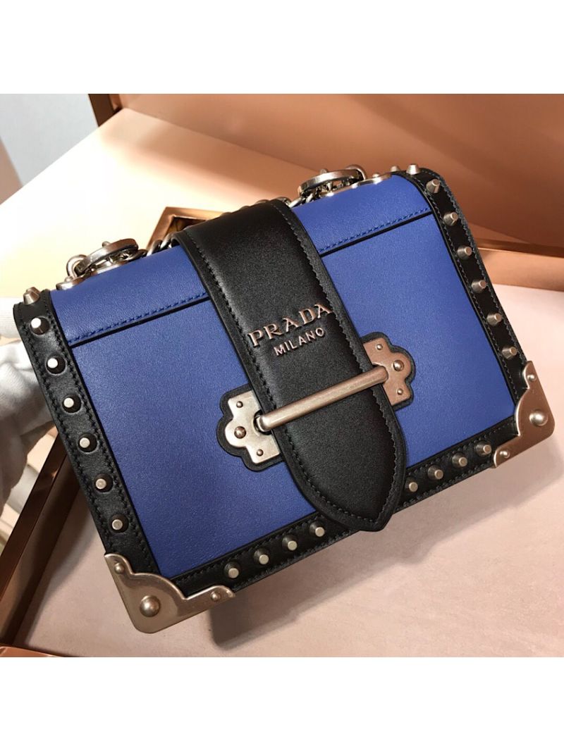Prada Cahier Studded Leather Bag 1BD045 Blue