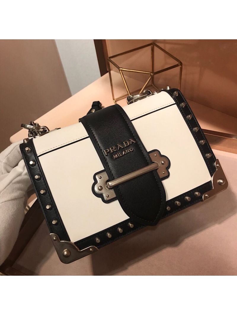 Prada Cahier Studded Leather Bag 1BD045 White