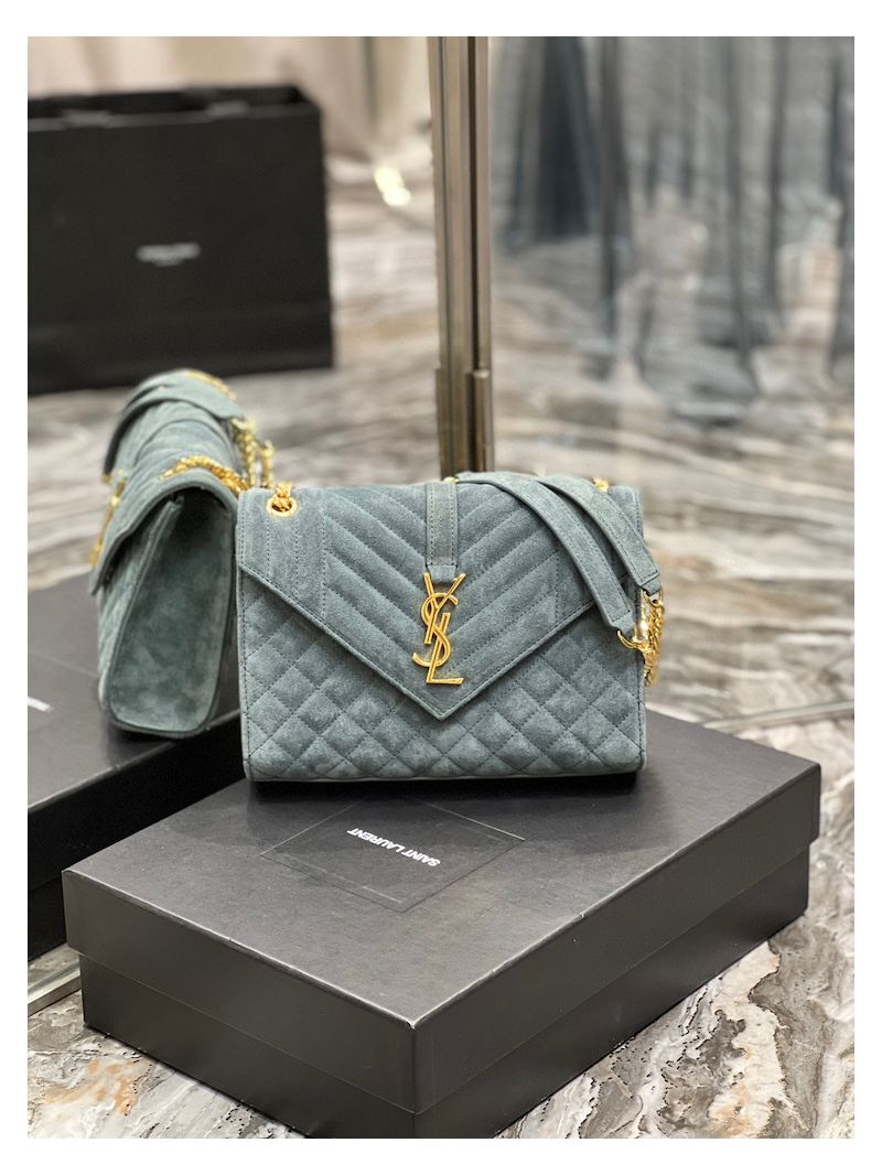 YSL Saint Laurent Envelope Medium Bag In Mix Matelassé Suede Calf 600185 Green