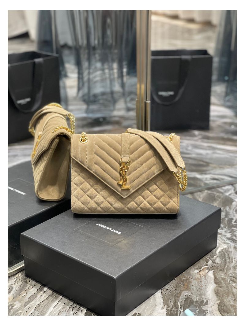 YSL Saint Laurent Envelope Medium Bag In Mix Matelassé Suede Calf 600185 Beige
