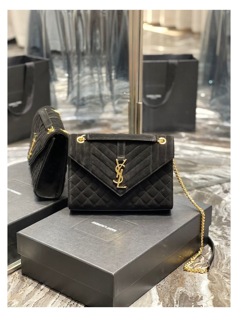 YSL Saint Laurent Envelope Medium Bag In Mix Matelassé Suede Calf 600185 Black