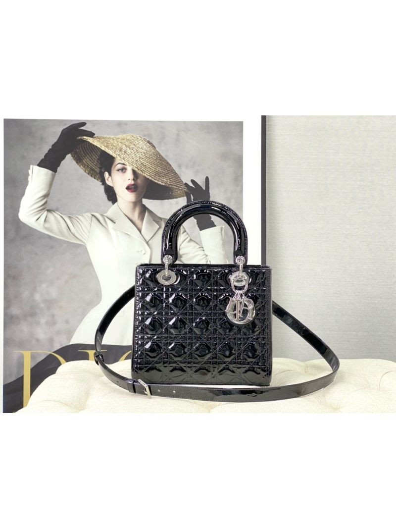 Dior Small Lady Dior Bag Cannage Patent Calfskin M0531 Black with silver