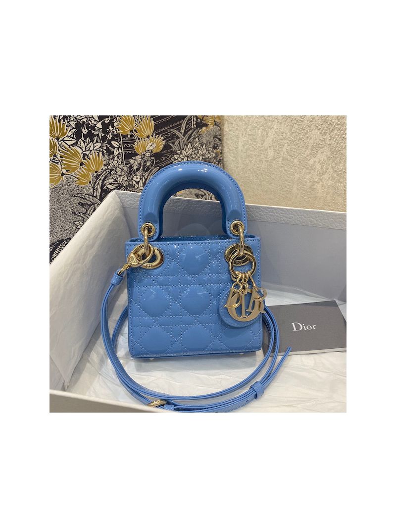 Micro Lady Dior Bag Cornflower Blue Patent Cannage Calfskin S0856