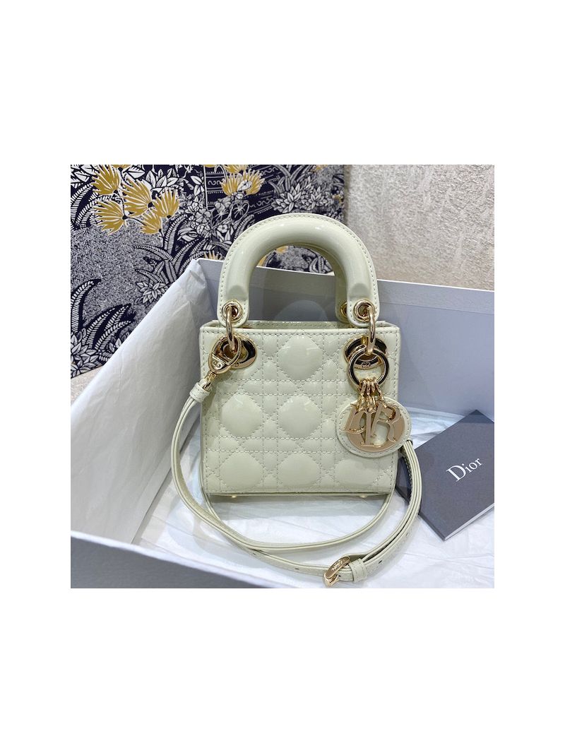 Micro Lady Dior Bag White Patent Cannage Calfskin S0856