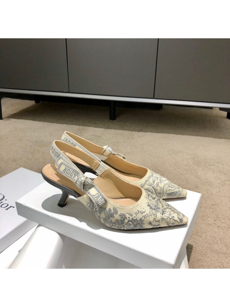 Dior J'adior Slingback Grey Ecru Embroidered with Toile de Jouy Motif KDP761