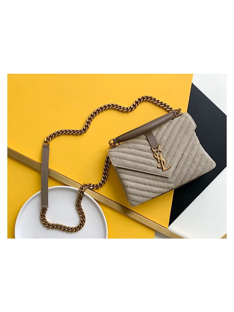 YSL Saint Laurent College Medium In Quilted Linen Canvas And Leather Taupe 6002792
