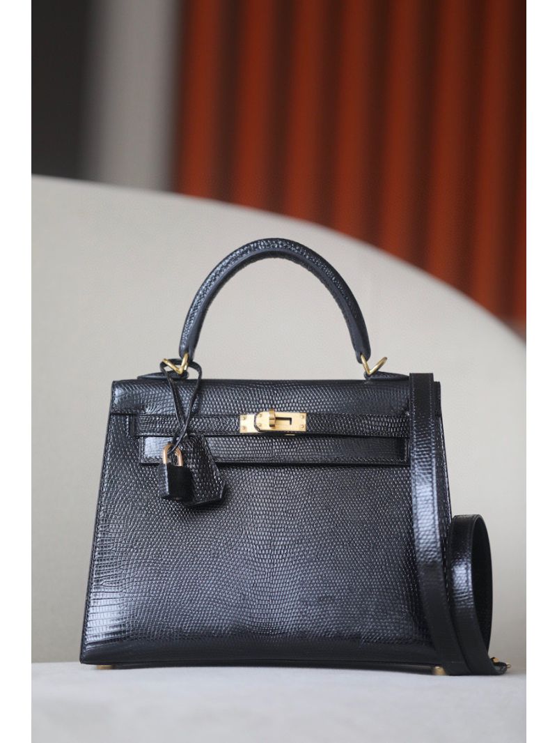 Hermes Kelly Bag in Black Lizard Leather