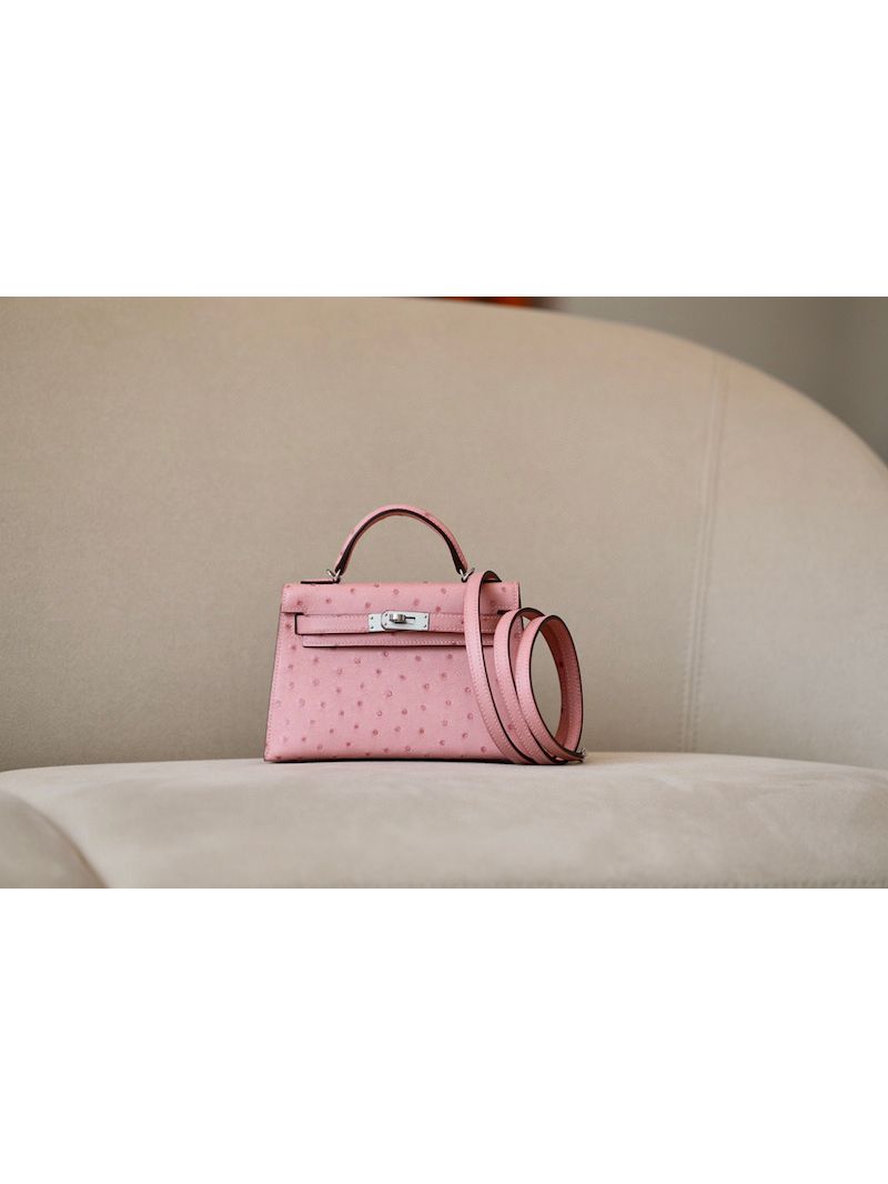 Hermès Mini Kelly Sellier II 20 in Ostrich Leather Rose Sakura