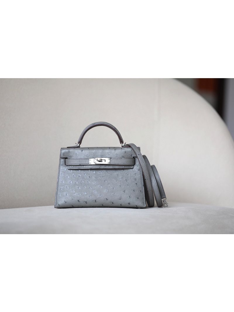 Hermès Mini Kelly Sellier II 20 in Ostrich Leather Gris Etain