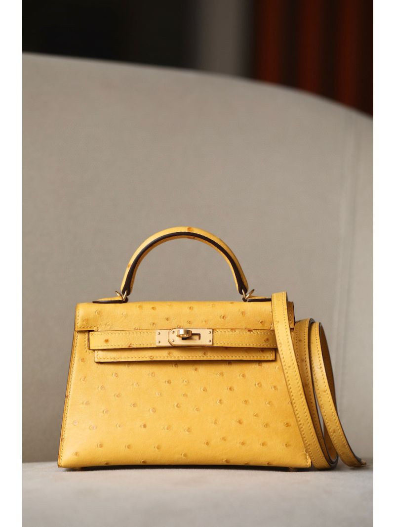 Hermès Mini Kelly Sellier II 20 in Ostrich Leather Jaune Amber
