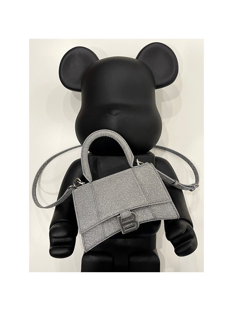 Balenciaga Hourglass XS S Top Handle Handbag In Glitter 592833 Grey