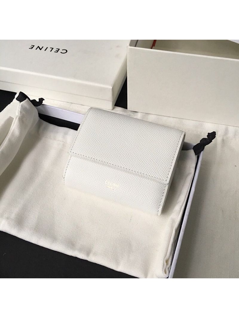 Celine Small Trifold Wallet In Grained Calfskin 10B573 White