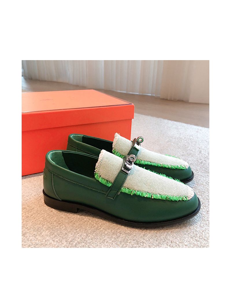 Hermes Destin Loafer Calfskin and Fringed Canvas H231065Z Vert