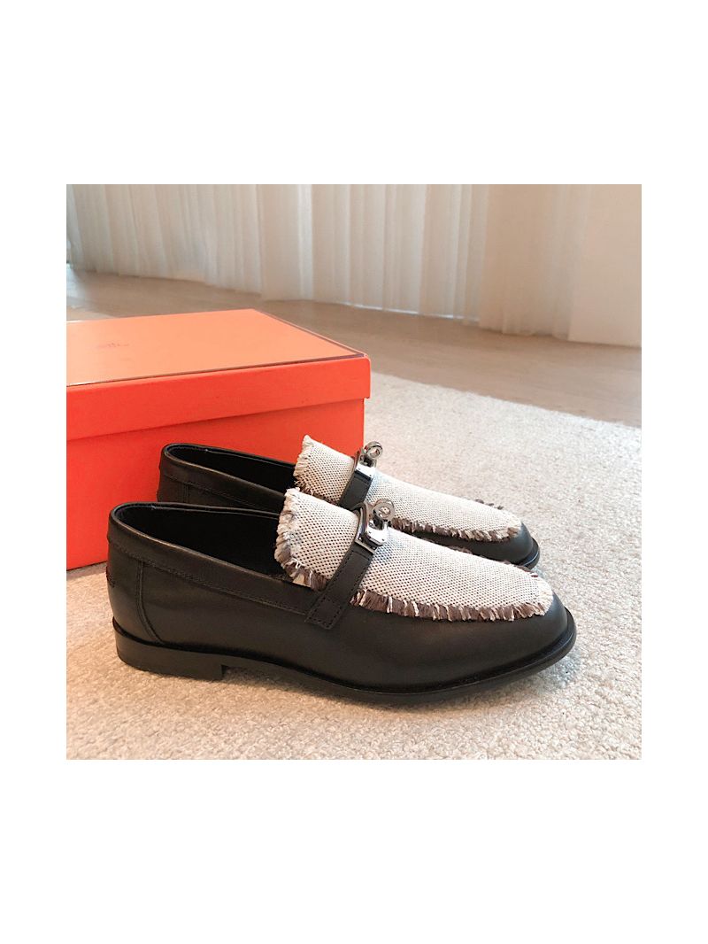 Hermes Destin Loafer Calfskin and Fringed Canvas H231065Z Black