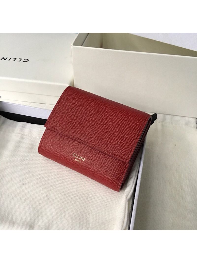 Celine Small Trifold Wallet In Grained Calfskin 10B573 Dark Red